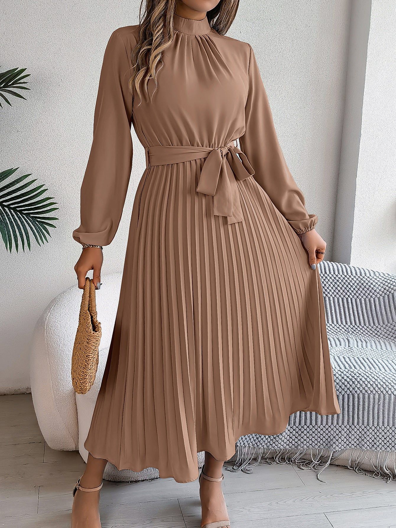 Women's Stand Collar Long Sleeve Cinched Pleated Clothing