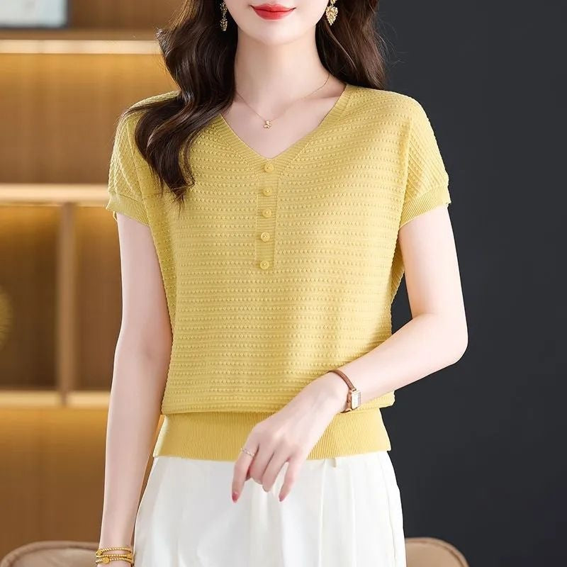 Women's Silk Sleeve Summer Solid Color Knitted T-shirt Thin Women's Sweater