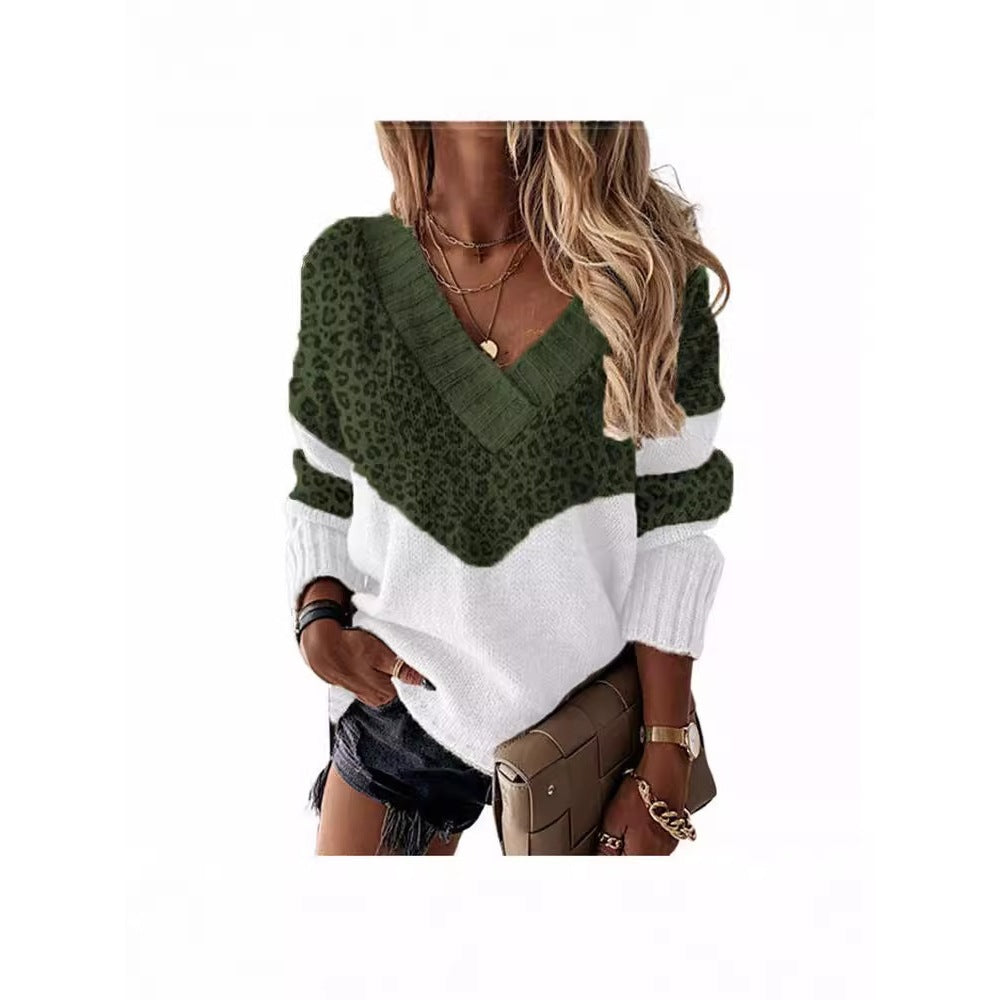 Collar Pullover Color Matching Striped Leopard Tops