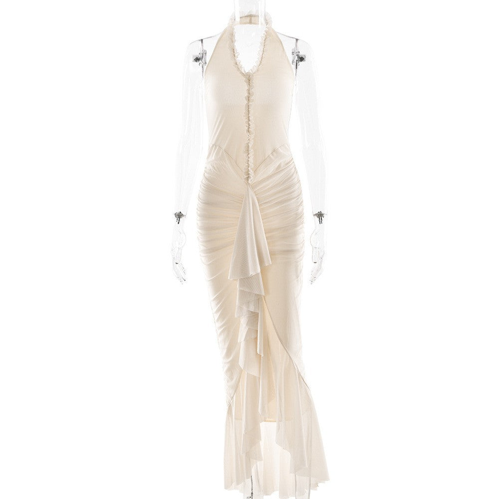 Sexy Solid Color Irregular Halter Pleated Dresses