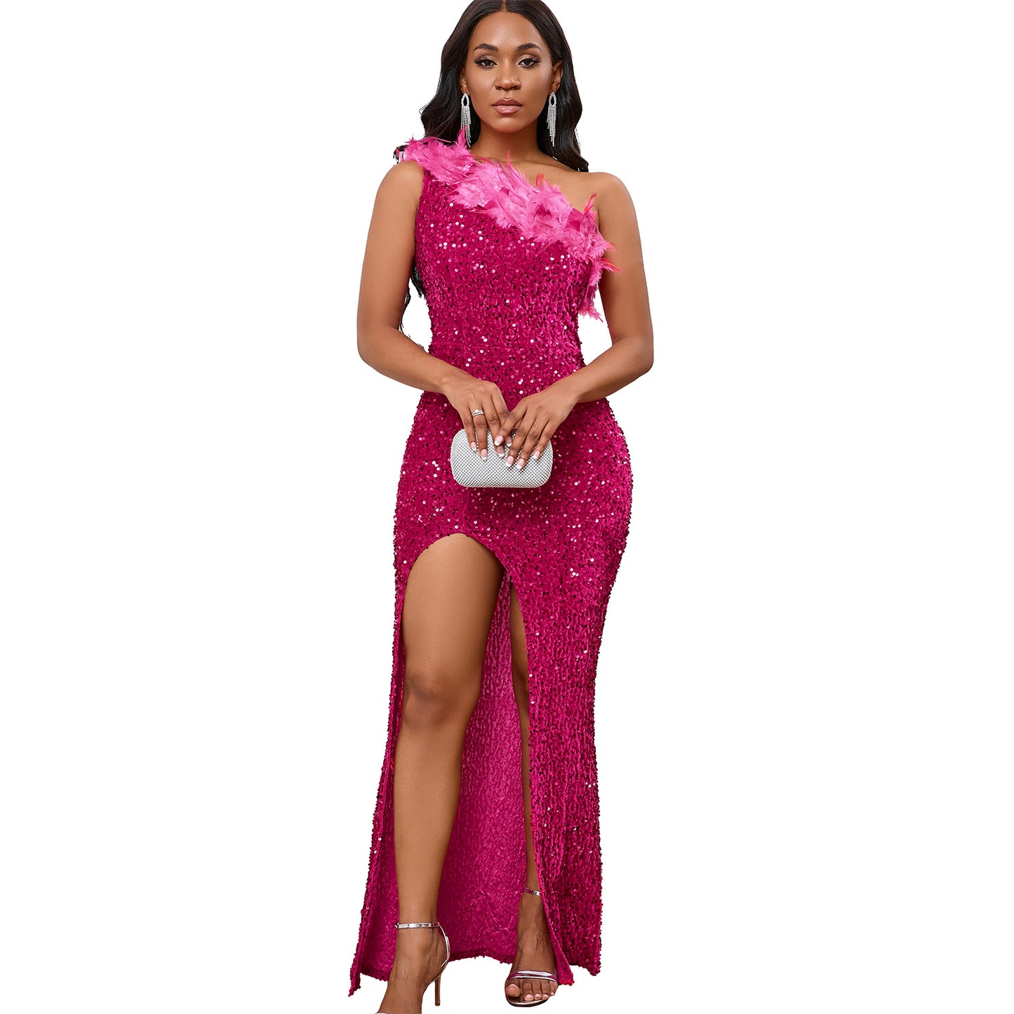 Diagonal Collar Banquet High Waist Slit Dress
