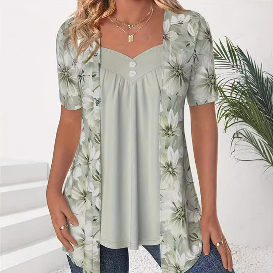 Women's Fake Two Pieces Sleeve Printed Fashion Blouses