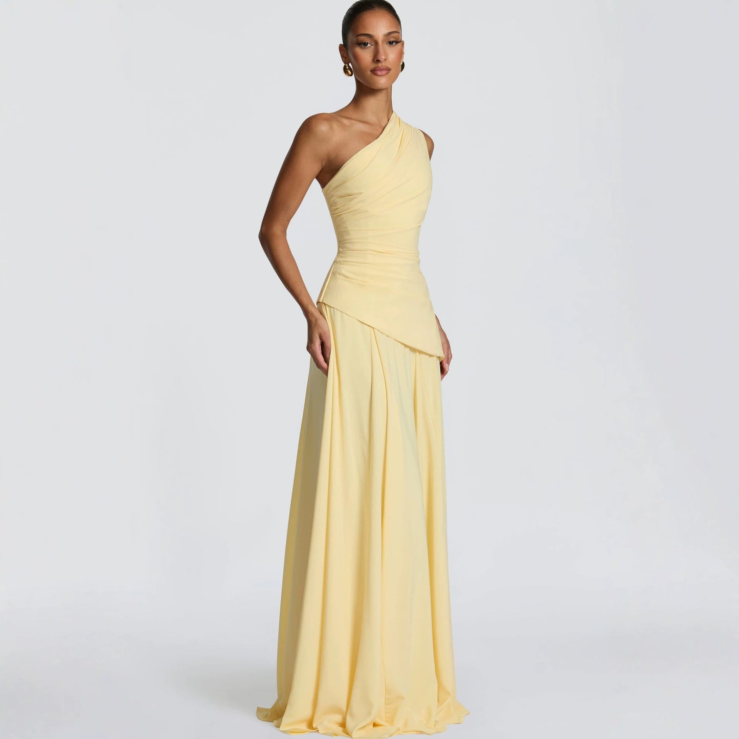 Women's Elegant Diagonal Collar Sleeveless Pleat Waisted Chiffon Stitching Big Swing Dress