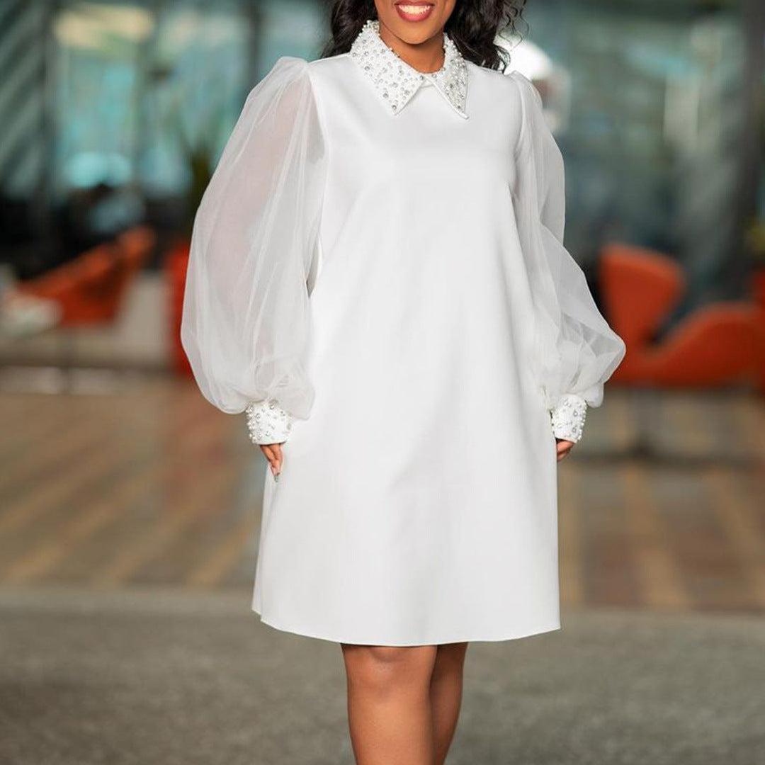 Women's Fashion Mesh Sleeves Beaded Temperament African Plus Size