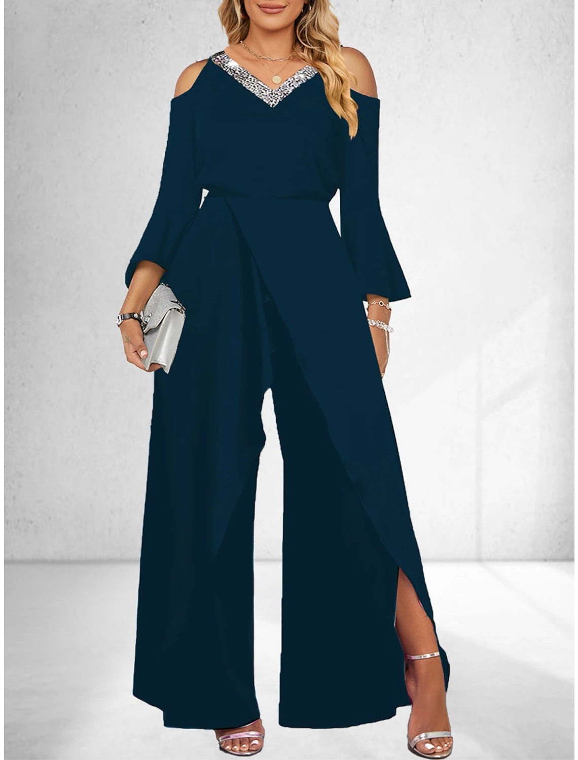 Women's Split Sequined Solid Color Collar Basic Business Elegant Wide Leg Fashion Casual Suit
