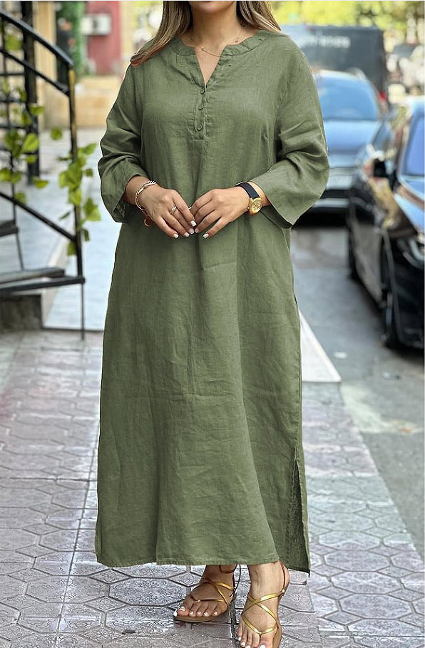 Cotton Linen Solid Color Long Sleeve Dress
