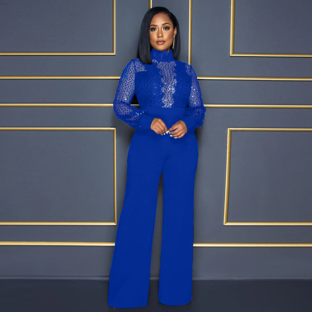 Women's Party Style Turtleneck Sequin Lace Long Pants