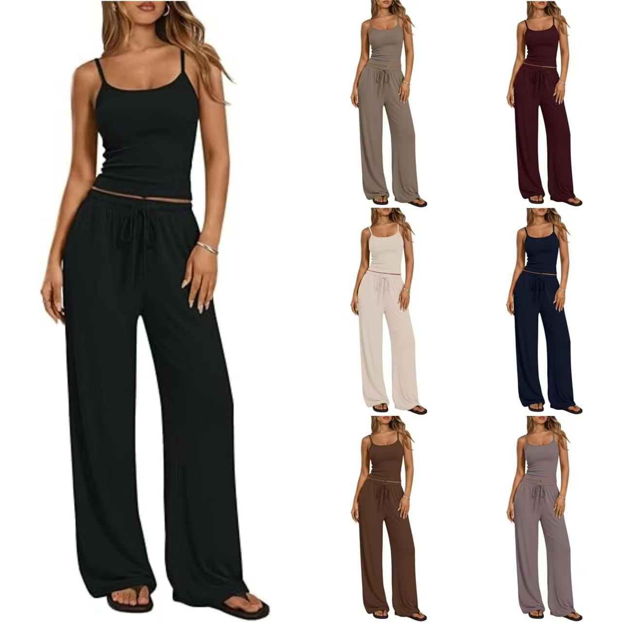Women's Solid Color Camisole Wide Leg Set Suits