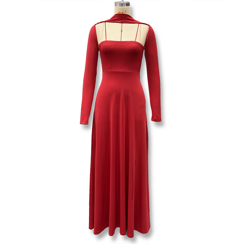 Women's Fashion Solid Color Sexy Tube Long Sleeve Waist Slim Temperament Dress