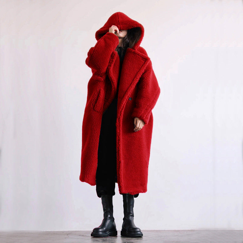 Women's Faux Fur Mid-length Hooded Lapel Fashion Lamb Coats