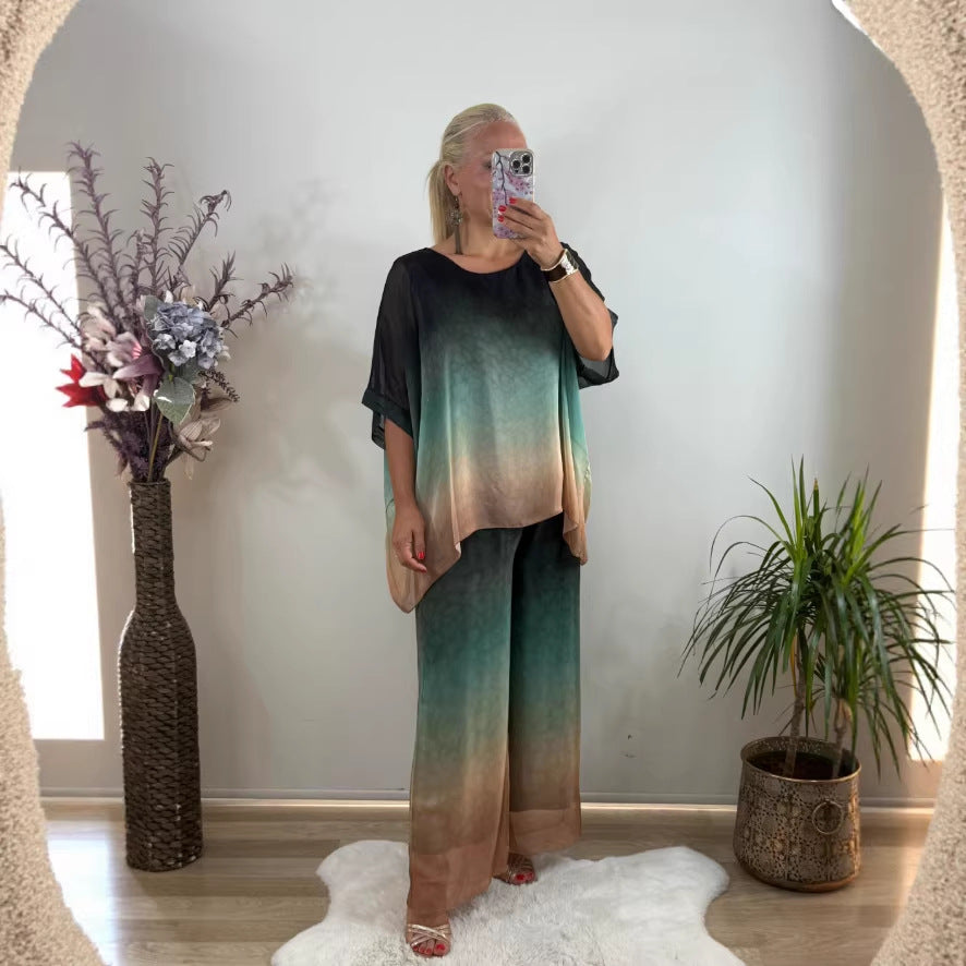 Print Round Neck Loose Wide Leg Suits