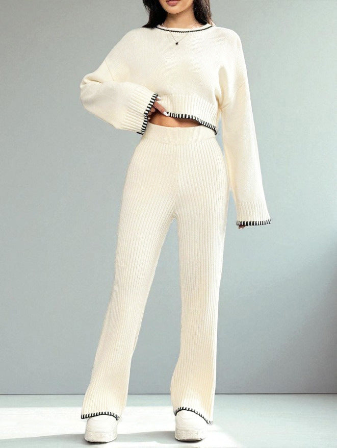 Women's Fashion Long Sleeve Knitted High Waist Wide Leg Suits