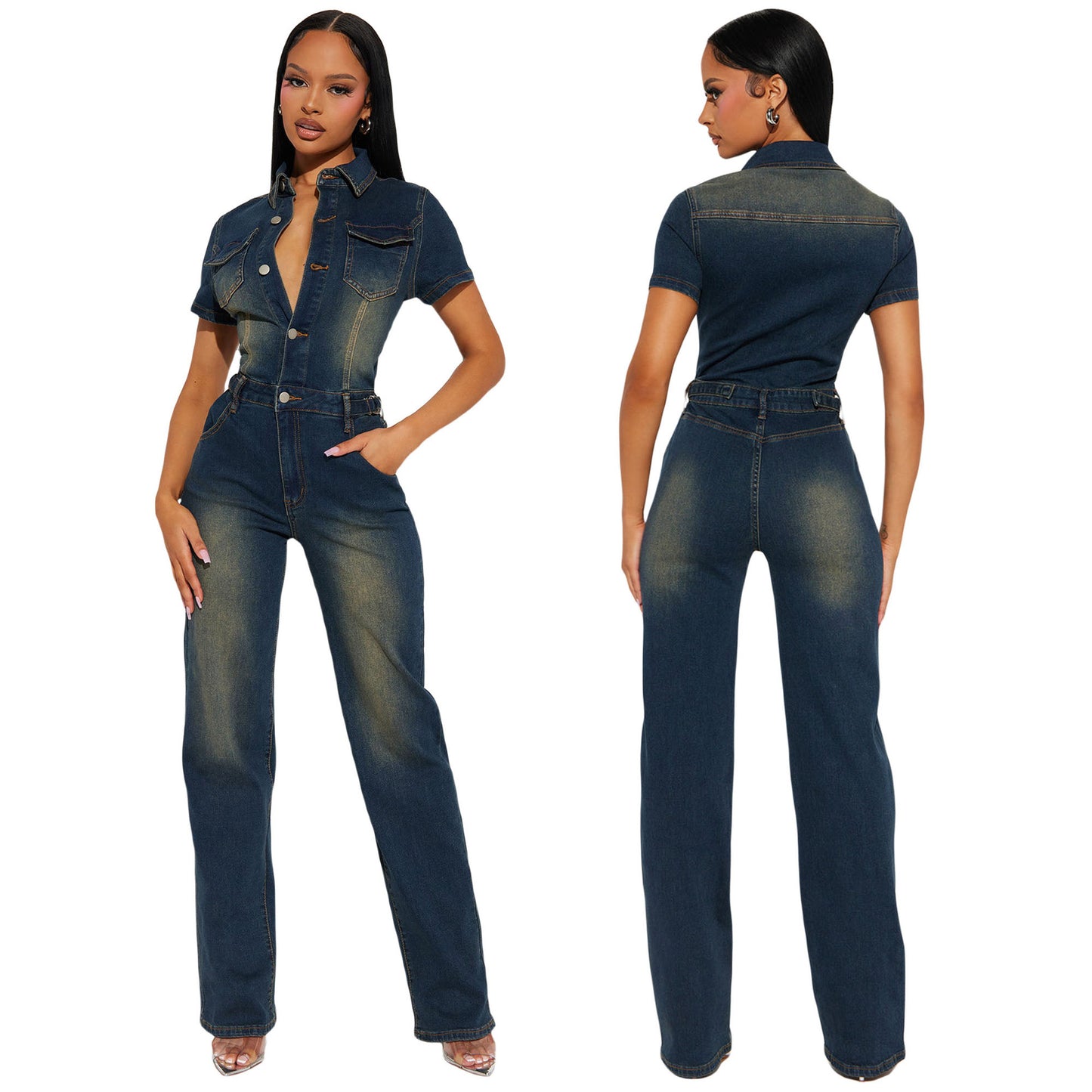 Tight Waist Slim Elastic Washed Denim Jumpsuits