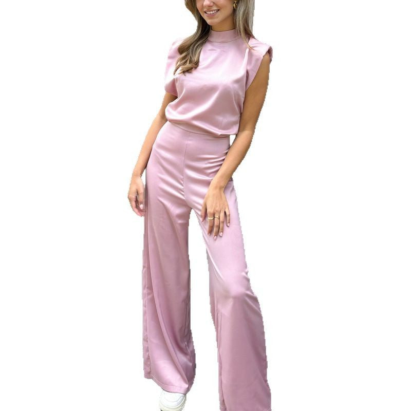 Women's Solid Color Stand Collar Sleeveless Loose Satin Backless Jumpsuits