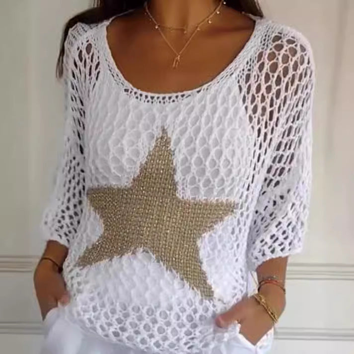 Women's Round Neck Commuter Elegant Cropped Sleeves For Air Conditioned Women's Sweater