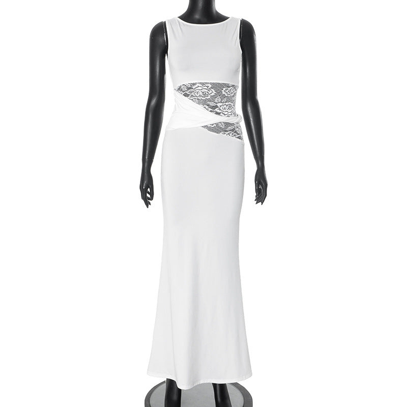 Women's Color Translucent Hollow Lace Twisted Belt Dresses