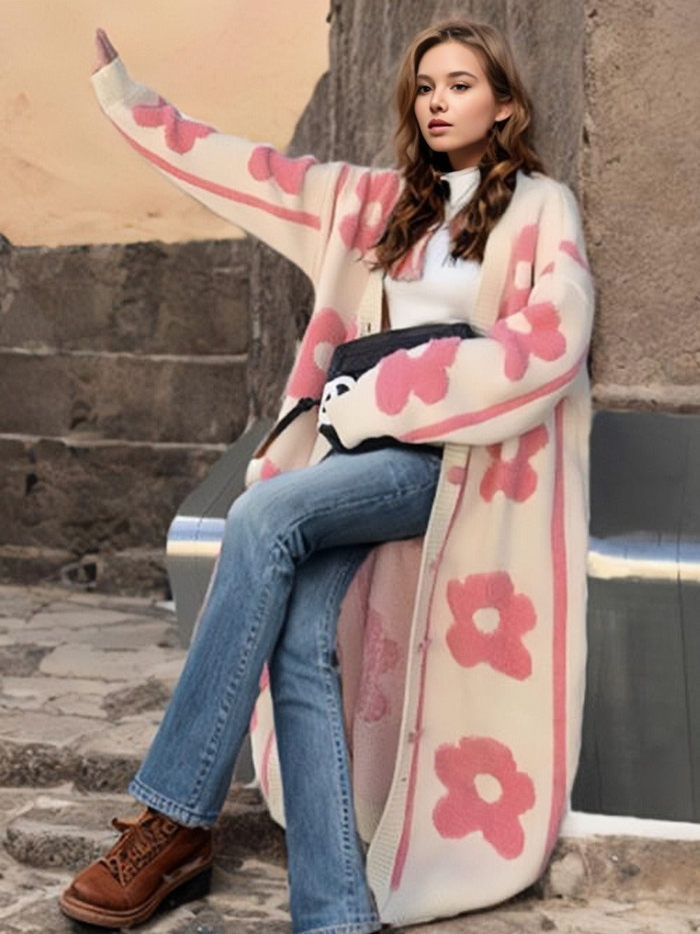 Women's Large Flower Jacquard Knitted Long Single-breasted Knitwear