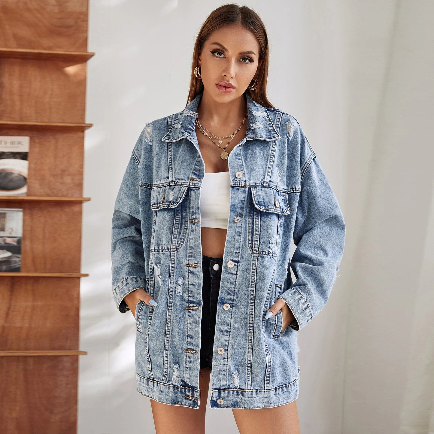Women's Denim Ripped Distressed Loose Mid-length Jackets