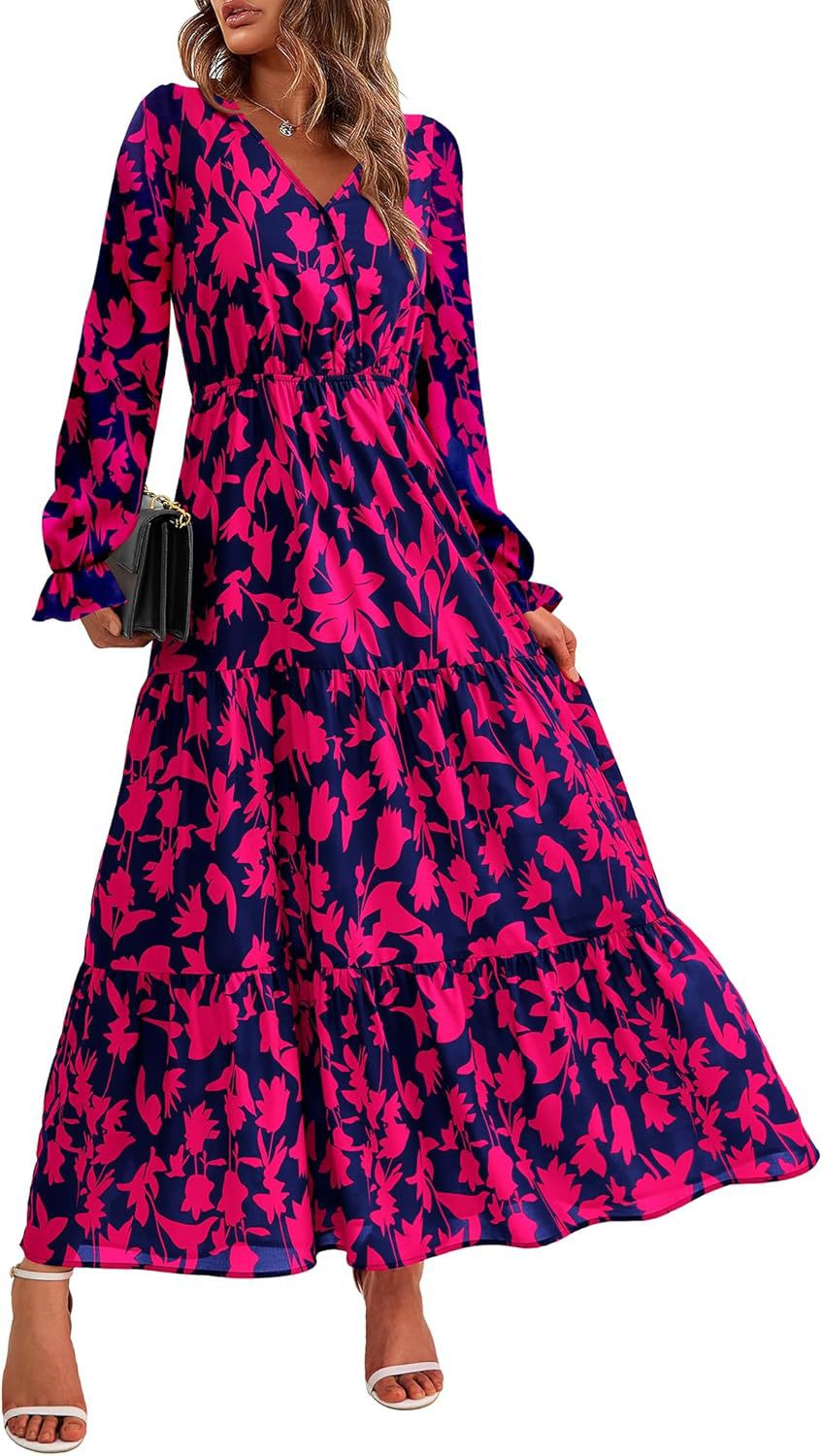 Women's Collar Elastic Waist Printed Casual Long Dresses