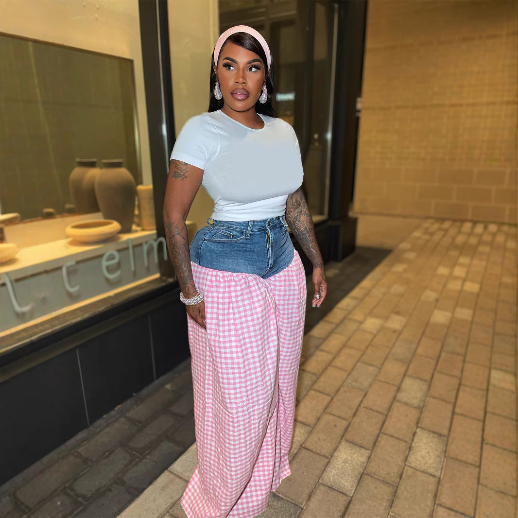 Women's Striped Denim Stitching Plaid High Waist Loose Pants