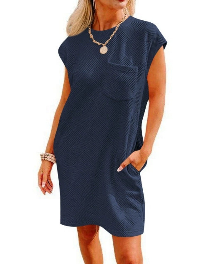 Women's Sleeve Round Neck Pullover Pocket Texture Fabric Dress