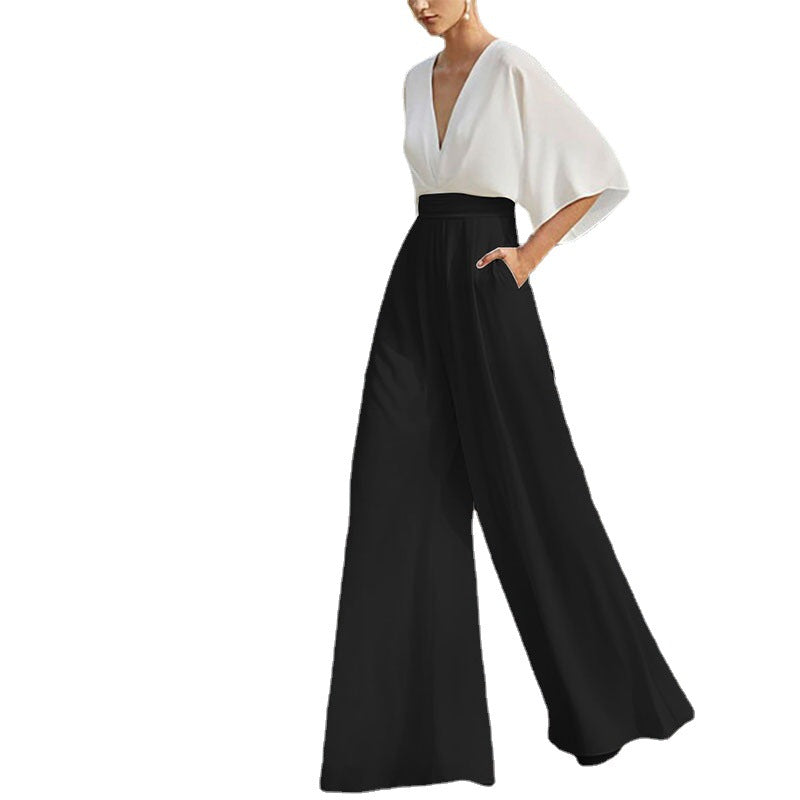 Women's Contrast Color Dress Deep V High Pants