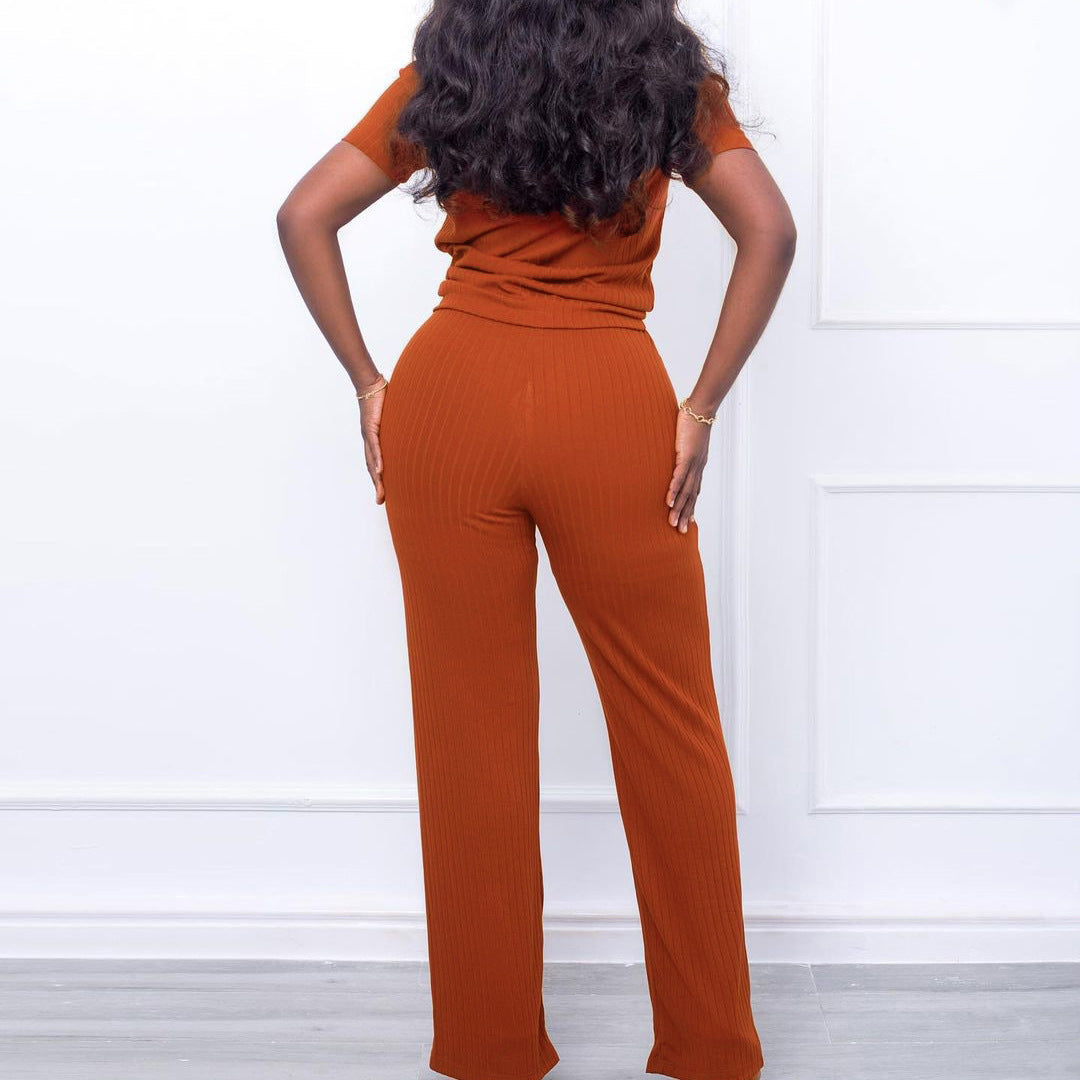 Summer Solid Color Rib Fabric Set Fashion Casual Suit