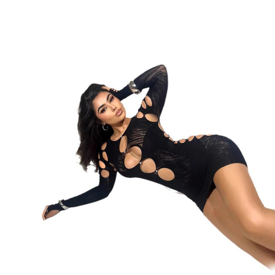 Women's Autumn Sexy Mesh Long Sleeve Narrow Dress