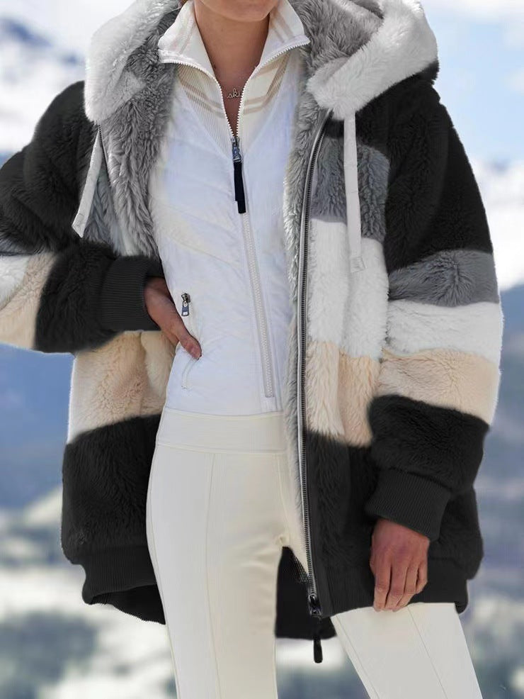 Women's Warm Plush Patchwork Zipper Pocket Hooded Coats