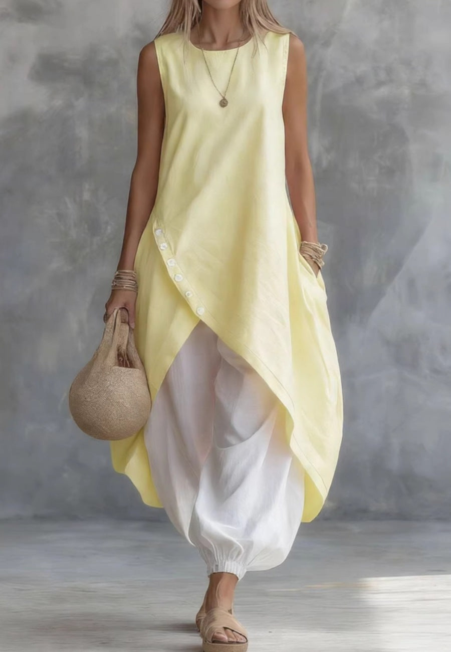 Solid Color Sleeveless Loose Pocket Midi Fashion Casual Suit