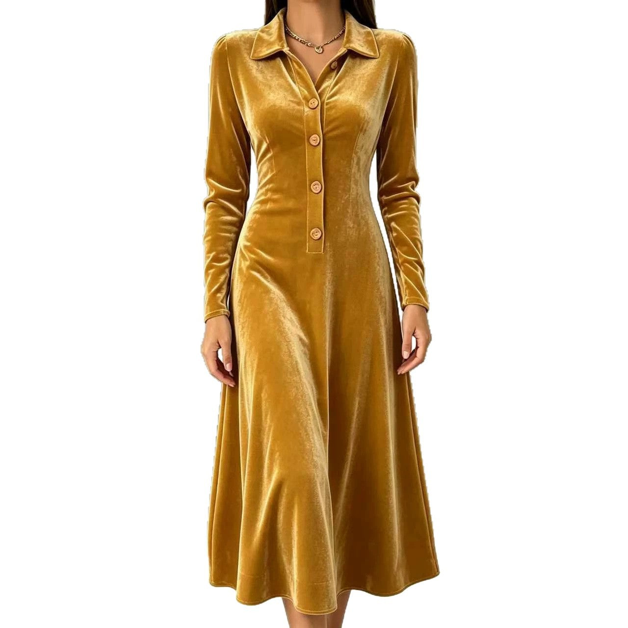 Veet Collar Solid Color Buttons Knitted Dress