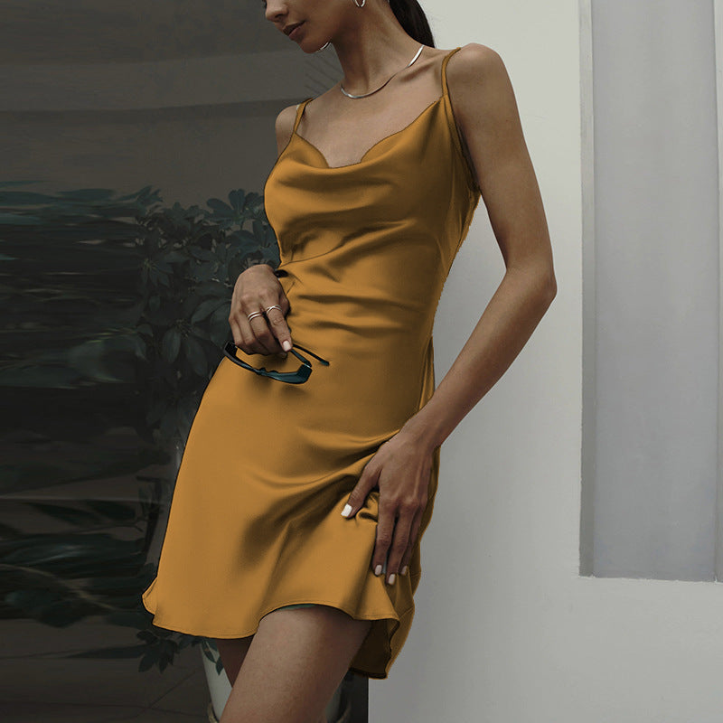 Pockets Collar Satin Basic Backless Suspender Dress