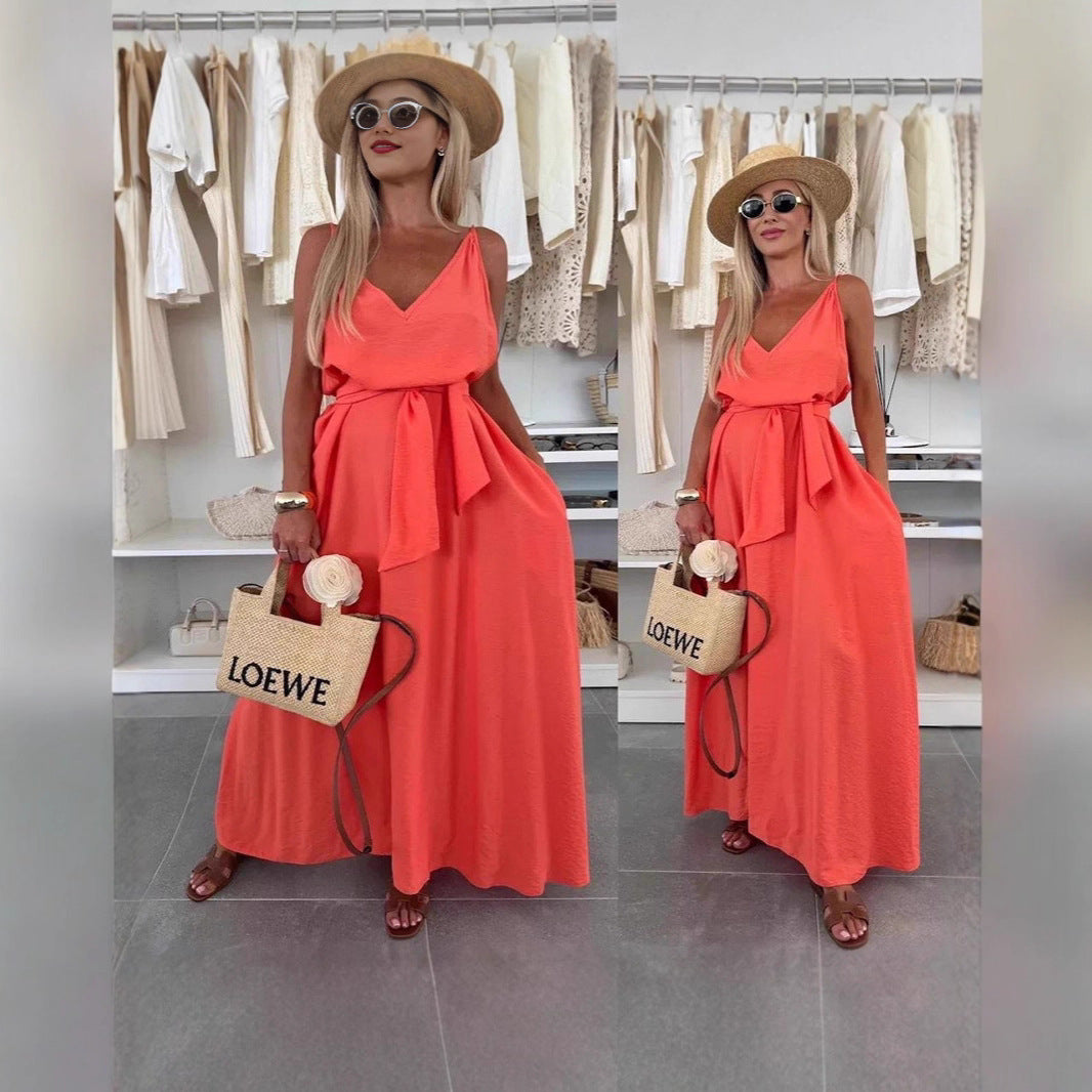 Women's Solid Color Bow Sling Casual Dress
