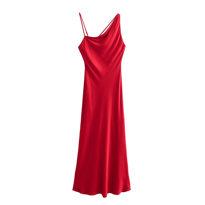 Sexy Oblique Shoulder Red Silk Satin Texture Dresses