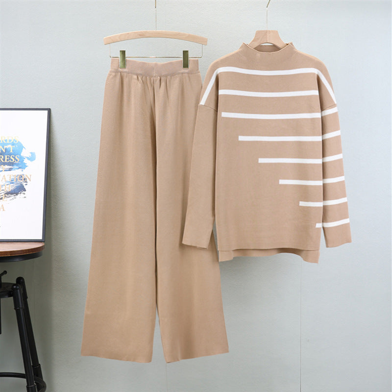 Women's Long Sleeve Striped Knitting Loose Mock Neck Suits
