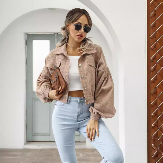 Women's Casual Polo Collar Corduroy Lantern Sleeve Jackets