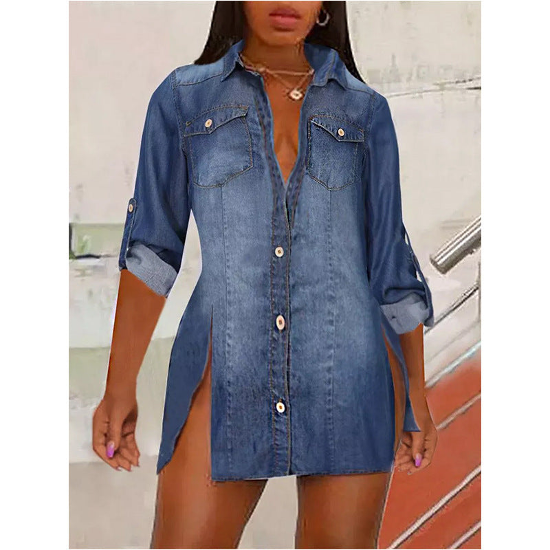 Women's Denim Shirts Button Roll Sleeve Split Blouses