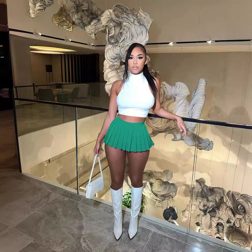 Women's Summer Solid Color Sexy Mini Pleated Skirts