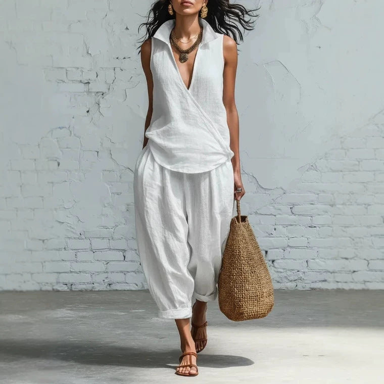 Women's Simple Lapel Shirt Wide Leg Linen Two-piece Fashion Casual Suit