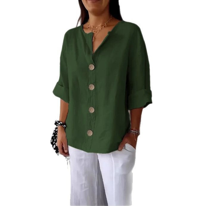 Women's Summer Loose T-shirt Cotton Linen Button Blouses