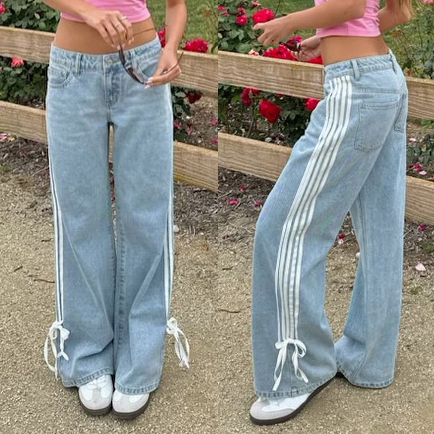 Women's Fashion Casual Loose Ribbon Belt Design Jeans