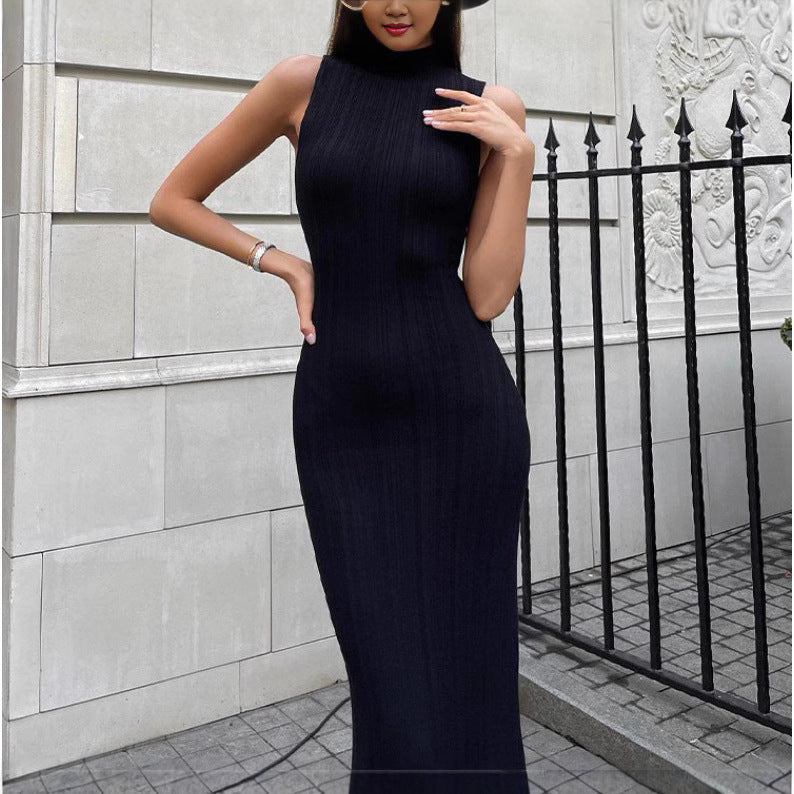 Knitted Turtleneck Sleeveless Tight Midi Elegant Skirts
