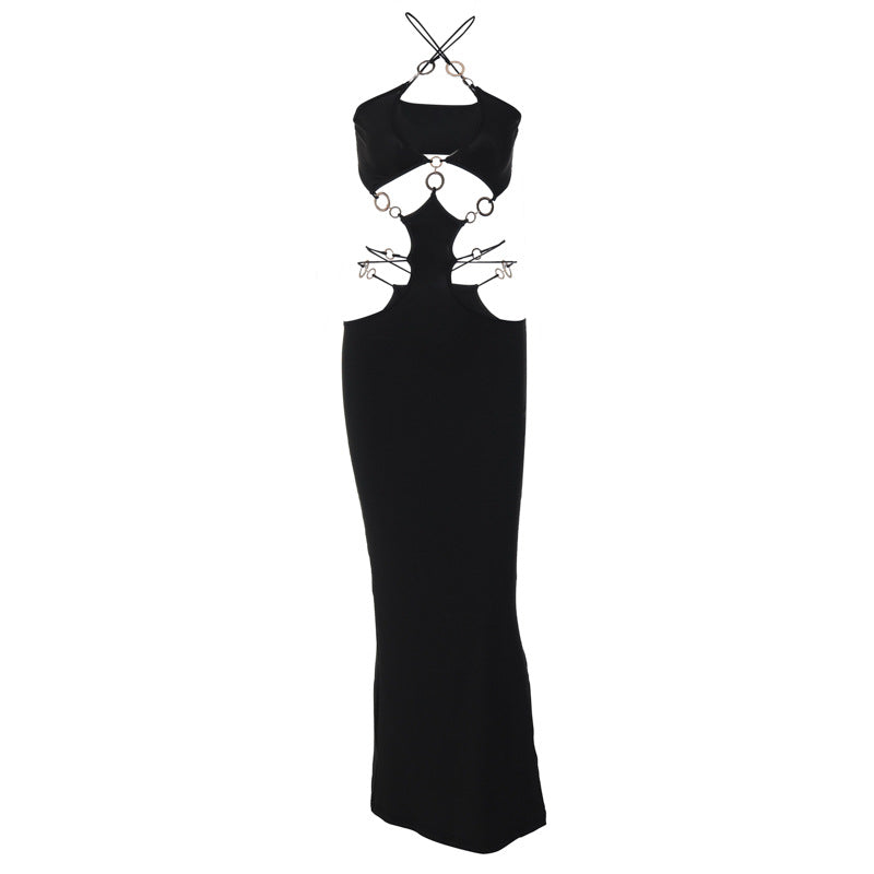 Women's Sexy Low-cut Ring Stitching Halter Spaghetti Straps Dresses