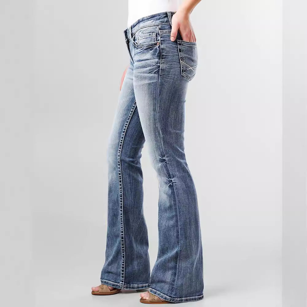 Women's Embroidered Pocket Low Waist Washed Casual Jeans