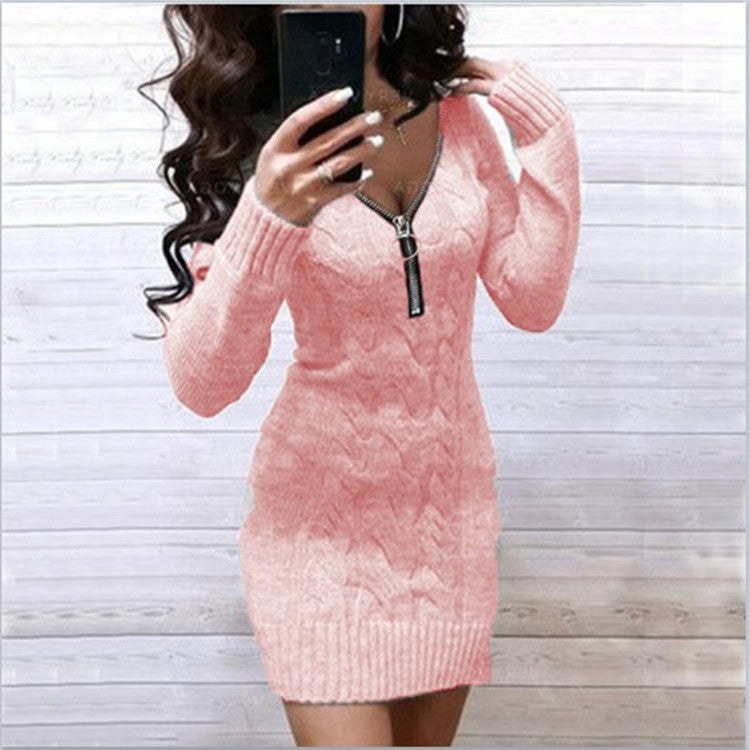 Women's Zipper Long Sleeve Undershirt Mid-length Dress Sweater