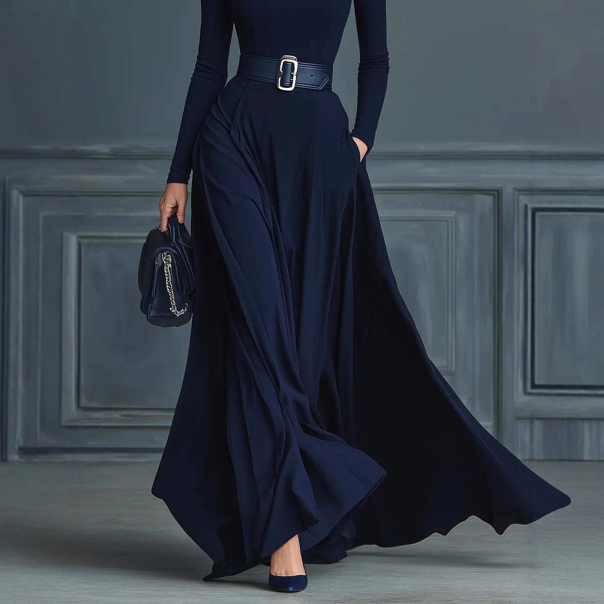 Women's Color Long Sleeve High Collar Large Dresses