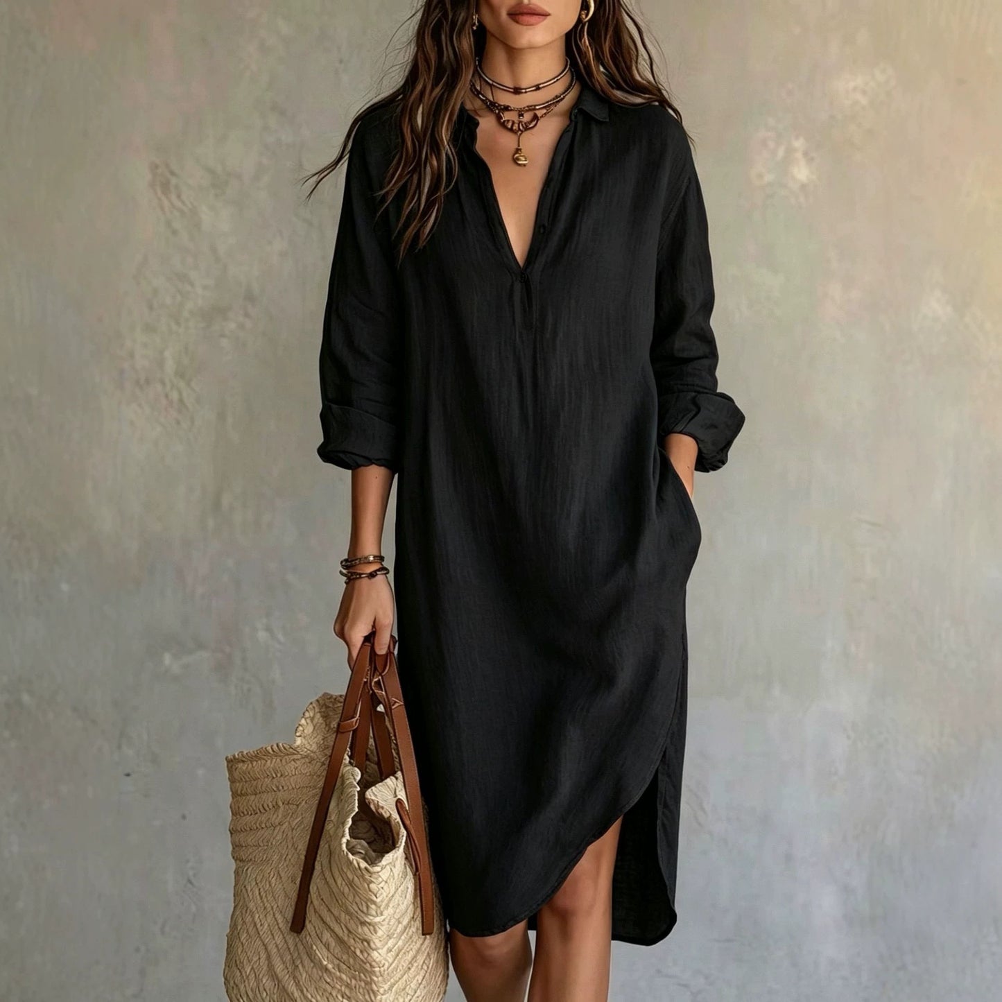 Fashion Shirt Loose Mid-length Slit Idle Style Seaside Dress