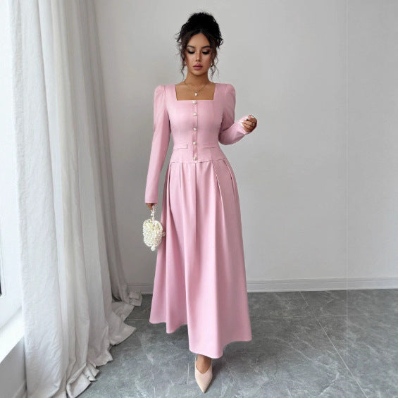 Women's Autumn Waist Slimming Elegant High-grade French Single-breasted Square Collar Dress