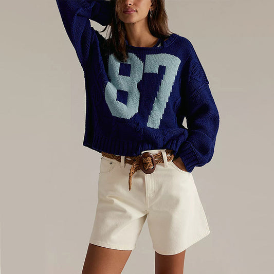 Women's Digital Contrast Color Knitted Pullover Loose-fitting Sweaters