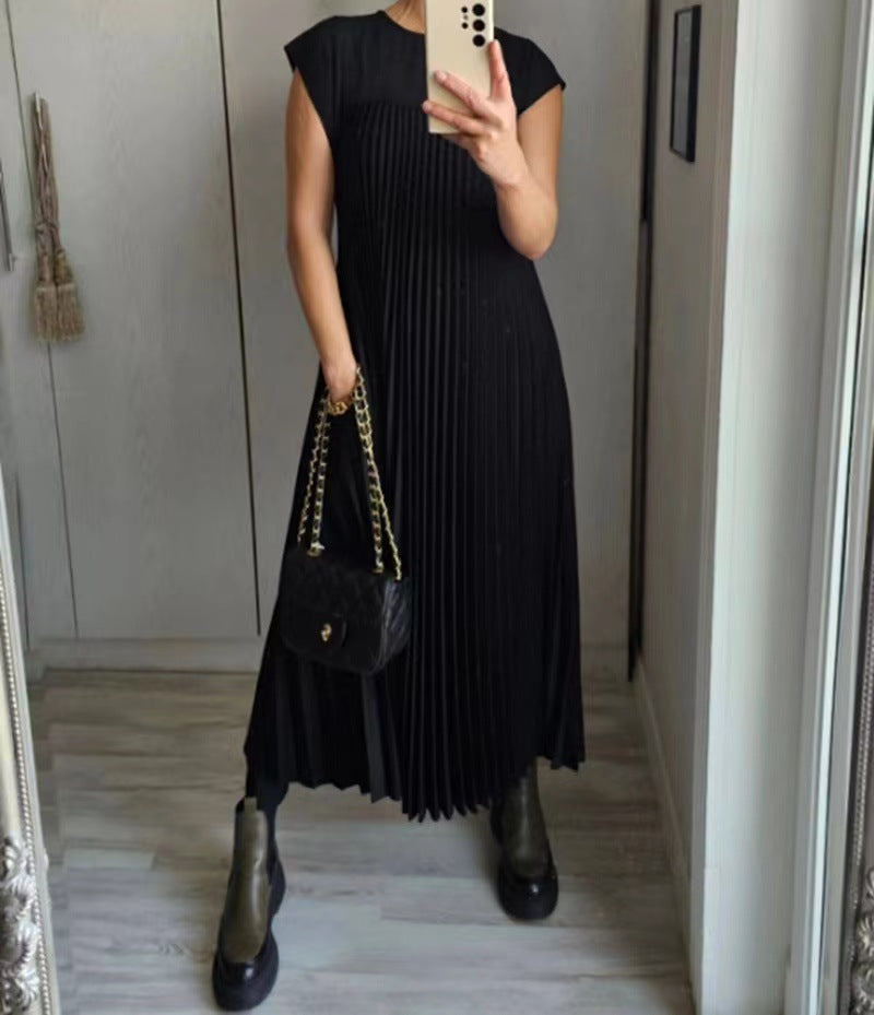 Round Neck Sleeveless Pleated Design Loose Dresses